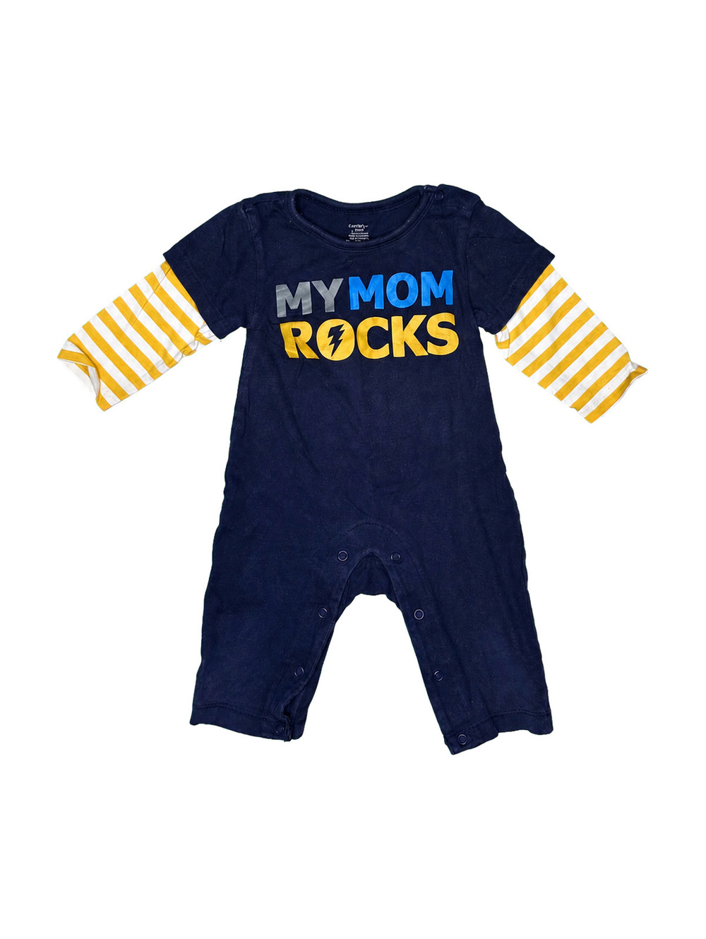George Navy and Yellow 'My Mom Rocks' Baby Romper 6-12 Months